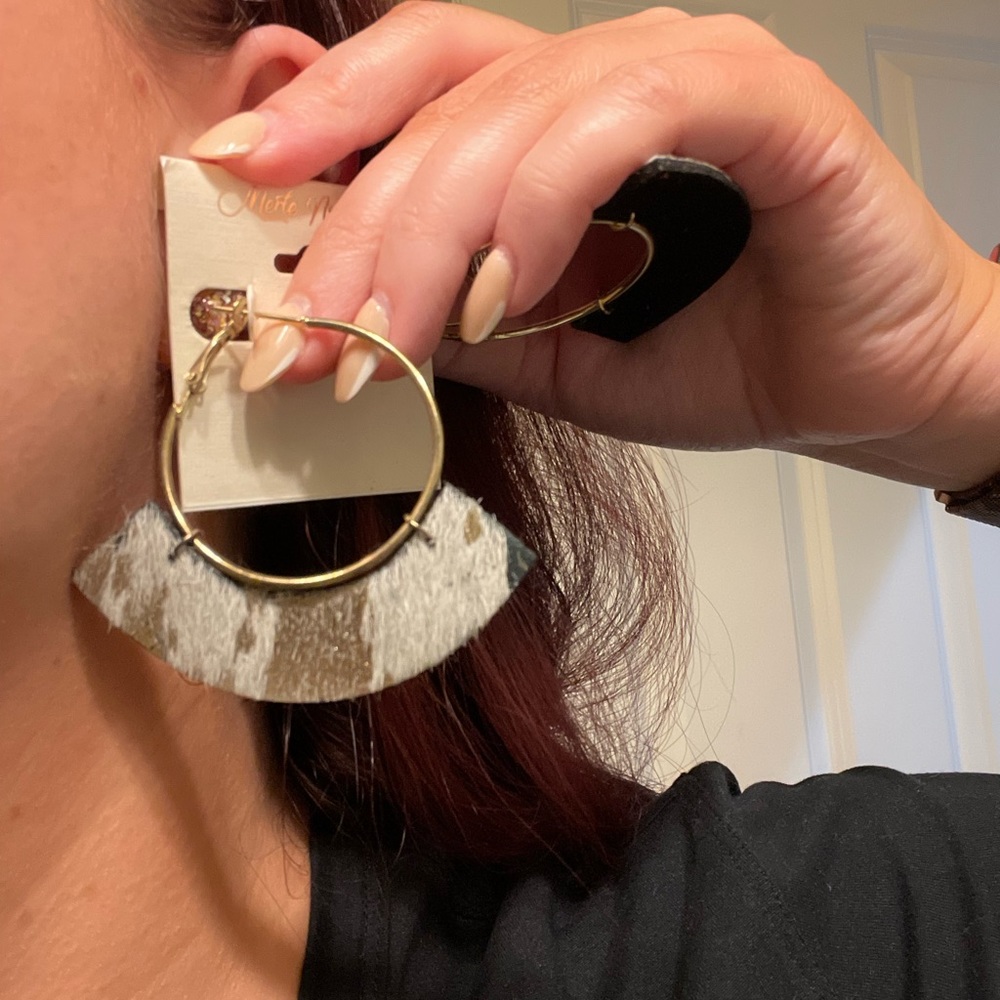 Rustic gray & gold print hoop earrings